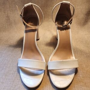 Call It Spring White Patent Leather Croc Embossed Open Toe Block Heels Size 11